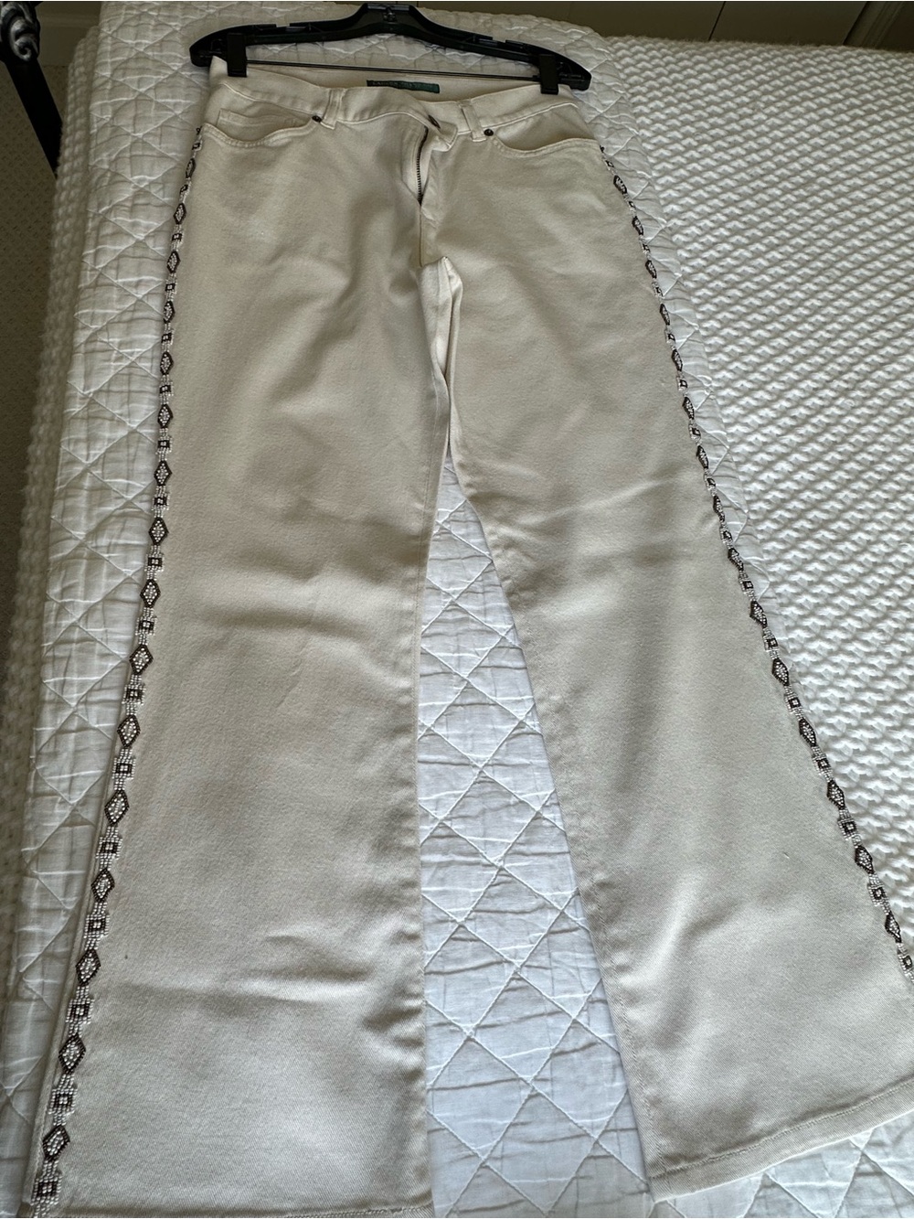 Ralph Lauren Embroidered Side-Stripe Cream Flared Jeans
